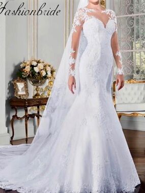 White Lace Long Sleeve Mermaid Wedding Dress